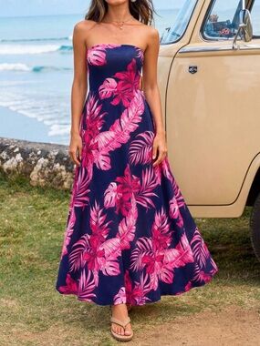 Strapless Navy Blue Tropical Maxi Skirt